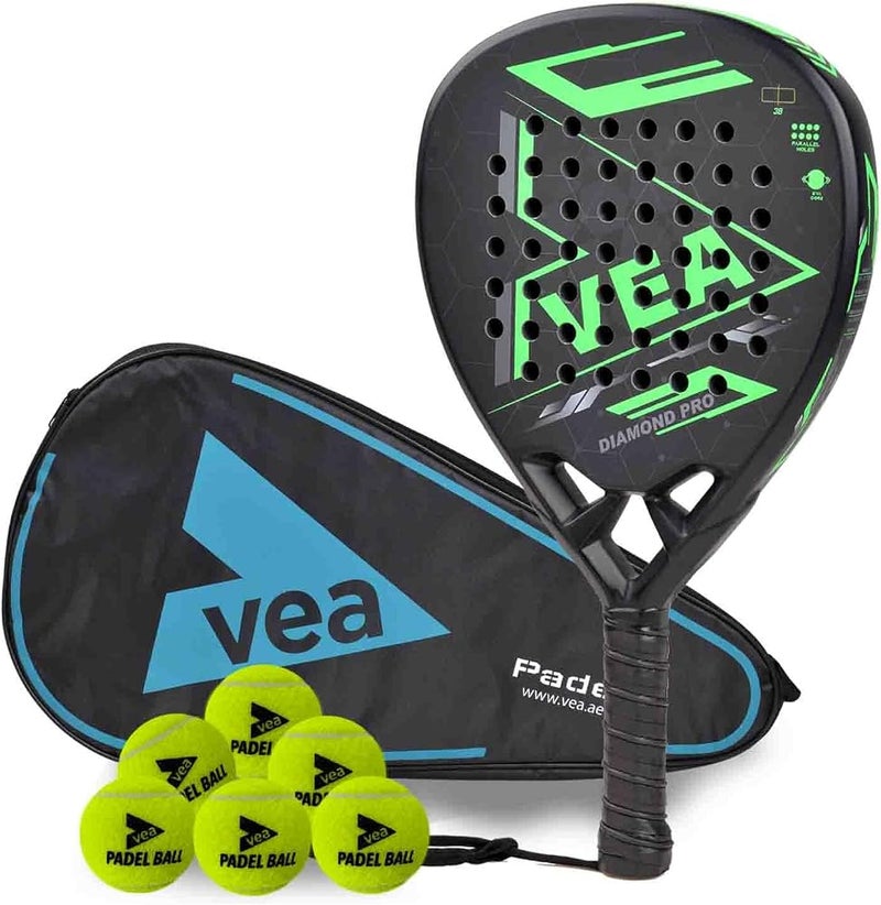VEA Diamond Pro Padel Racket with 2 Tubes of Balls – Carbon Fiber Racquet, EVA Core, 6 High-Bounce Padel Balls – Premium Padel Set for Power & Control - Image 1