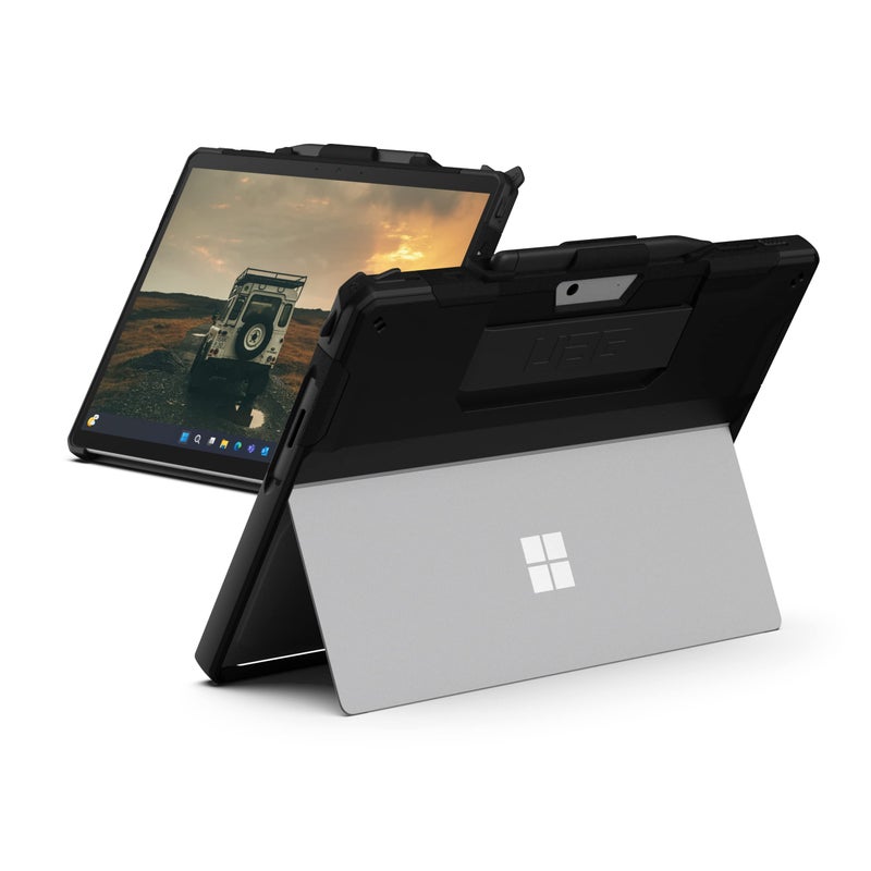 Urban Armor Gear حقيبة URBAN ARMOR GEAR UAG مصممة لجهاز Microsoft Surface Pro 11/10/9 مع حامل يد وحزام قلم متوافقة مع لوحة المفاتيح Type Cover غلاف واقي قوي، أسود سكوت - Image 1