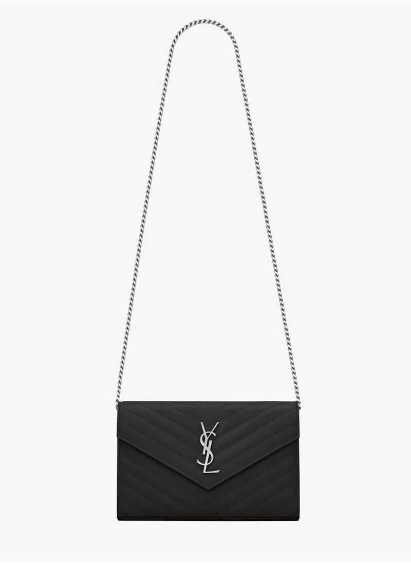 Yves Saint Laurent Saint Laurent Classic Cassandre Chain Wallet Bag in Grain de poudre leather, Women's Leather Wallet, Womens Shoulder Bag, Women's Cross body Bag Black-Silver  - Image 1