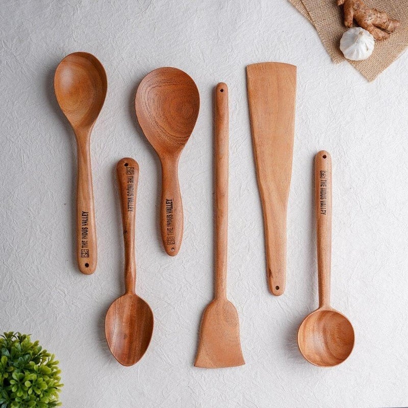 The Indus Valley The Indus Valley Neem Wood Compact FlipSpatulaLadle For Cooking DosaRotiChapati Kitchen Tools No Harmful Polish Naturally NonStick Handmade Set Of 6 23 Centimeters  - Image 1