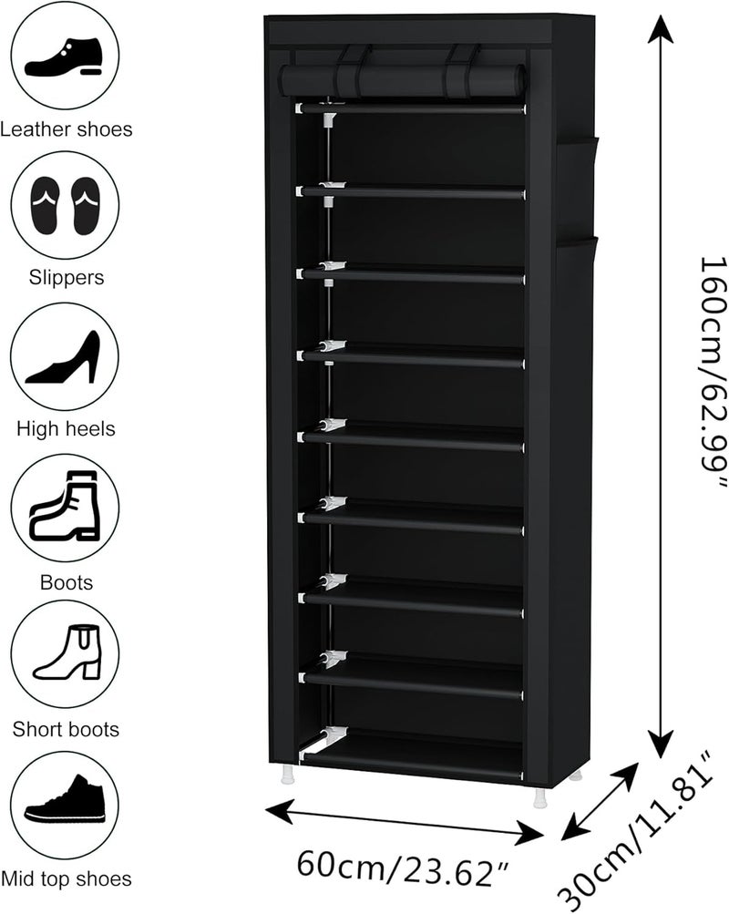 Calmootey 9 Tier Shoe Rack Organizer,Portable Shoe Shelf with Nonwoven Fabric Cover for Closet Hallway,Bedroom,Entryway,Black - Image 2