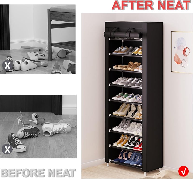 Calmootey 9 Tier Shoe Rack Organizer,Portable Shoe Shelf with Nonwoven Fabric Cover for Closet Hallway,Bedroom,Entryway,Black - Image 5