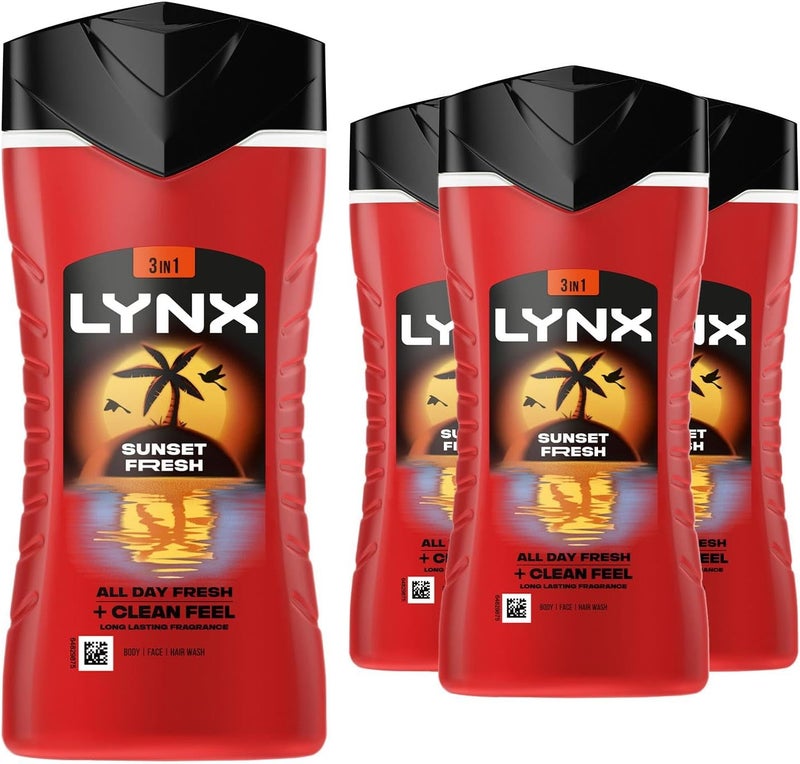 Lynx Body Wash Multipack Sunset Fresh 3in1 Mens Shower Gel for Hair Face Body 12H Sweat and Odour Protection Energising Mango and Mandarin Scent 225ml 3 Pack