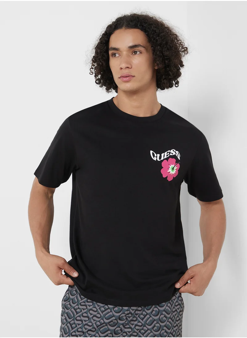 GUESS Flower Print Crew Neck T-Shirt