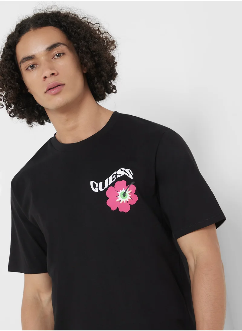 GUESS Flower Print Crew Neck T-Shirt