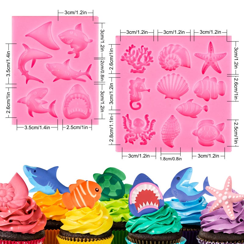 Whaline 2 Pack Ocean Shark Fondant Mold Mini Silicone Sea Animal Mould Shell Starfish Octopus Turtle Chocolate Candy Mold for Cupcake Cake Topper Decoration Supplies Soap Resin Summer Theme Party - Image 2