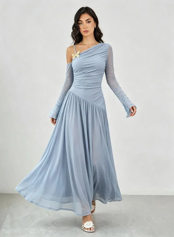 Blue Asymmetric Neck Maxi Dress with Butterfly Brooch