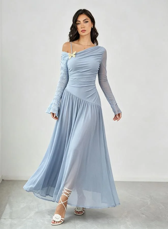 Take Two Blue Asymmetric Neck Maxi Dress with Butterfly Brooch