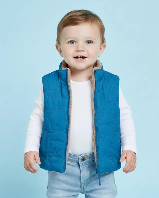 REDTAG Infant Boys Blue Gilet Jacket With Sherpa Lining