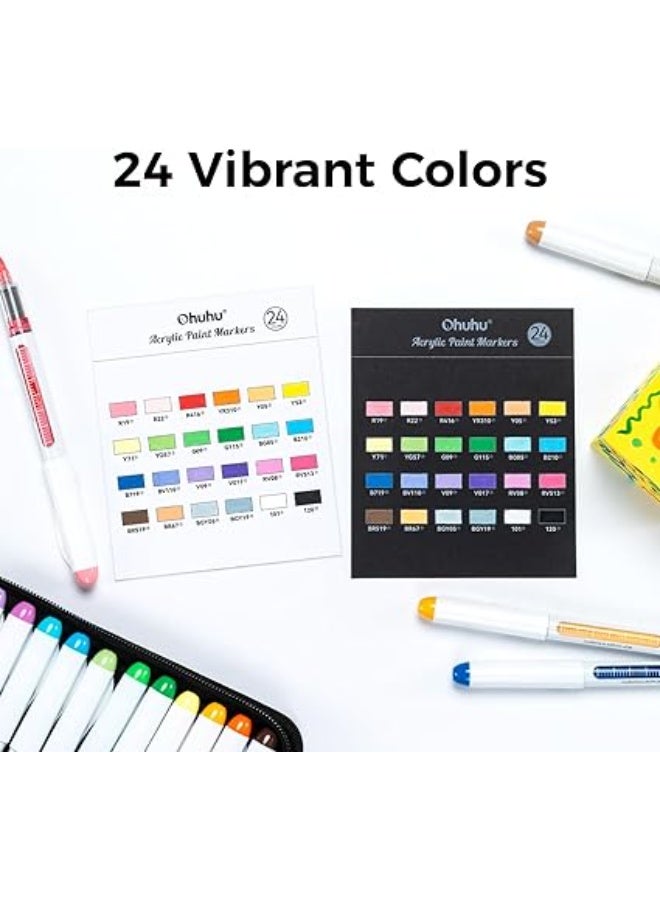 أوهوهو أقلام طلاء أكريليك اوهوهو 24 لونًا: أقلام ماركر أكريليك برؤوس فرشاة 1.5 ملم، أقلام طلاء عالية التعتيم مقاومة للماء ومقاومة للضوء لطلاء الصخور وبيض عيد القيامة والخشب والزجاج والسيراميك والقماش - Image 4