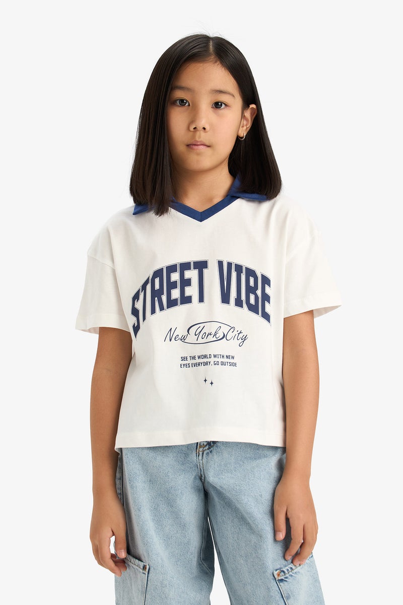 DeFacto Girl Boxy Fit Slogan Printed Polo T Shirt - Image 2