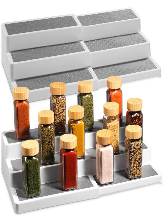 Oizeir Plastic 3-Tier Expandable Spice Rack, Adjustable Length, Stability with Non-Skid Shelf, For Easy Visibility, Organizer for Kitchen Cabinet, Pantry or Countertop, (2-Pack), White/Grey - Image 1