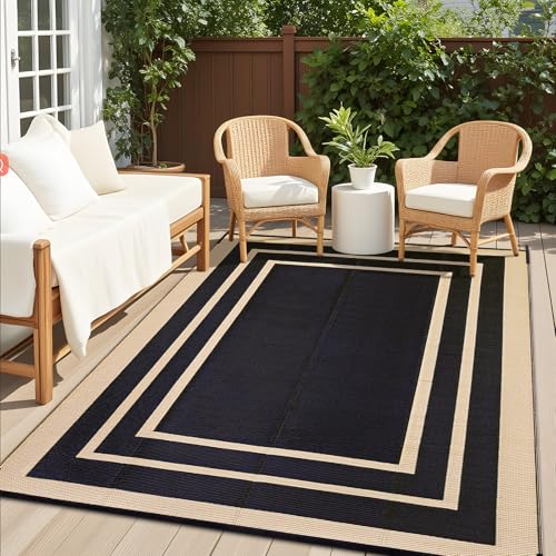 OLANLY Outdoor Rug 6x9 ft Waterproof, Reversible Outdoor Plastic Straw Rug, RV Mat, Indoor Outdoor Carpet Clearance for Patio, Camping, Balcony, Deck, Backyard, Black & Beige - Image 1