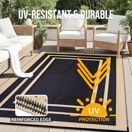 OLANLY Outdoor Rug 6x9 ft Waterproof, Reversible Outdoor Plastic Straw Rug, RV Mat, Indoor Outdoor Carpet Clearance for Patio, Camping, Balcony, Deck, Backyard, Black & Beige - Image 4
