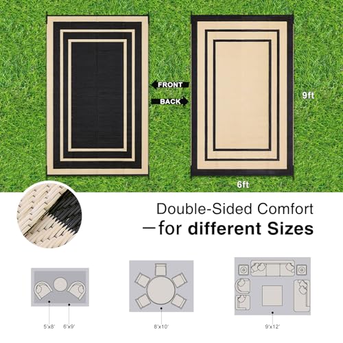 OLANLY Outdoor Rug 6x9 ft Waterproof, Reversible Outdoor Plastic Straw Rug, RV Mat, Indoor Outdoor Carpet Clearance for Patio, Camping, Balcony, Deck, Backyard, Black & Beige - Image 2