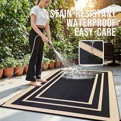 OLANLY Outdoor Rug 6x9 ft Waterproof, Reversible Outdoor Plastic Straw Rug, RV Mat, Indoor Outdoor Carpet Clearance for Patio, Camping, Balcony, Deck, Backyard, Black & Beige - Image 3