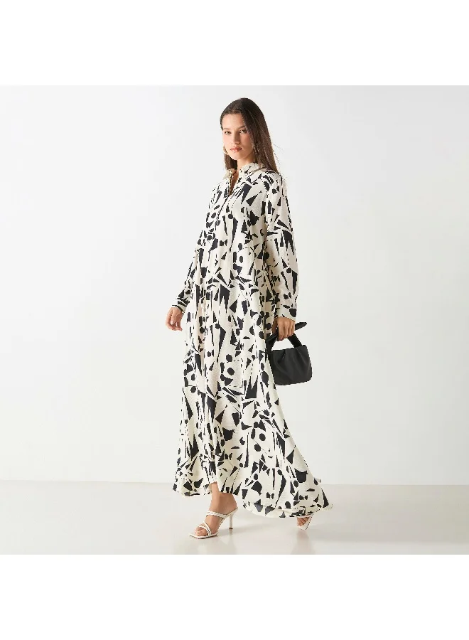 Iconic Iconic All-Over Print Maxi Dress with Collar and Long Sleeves