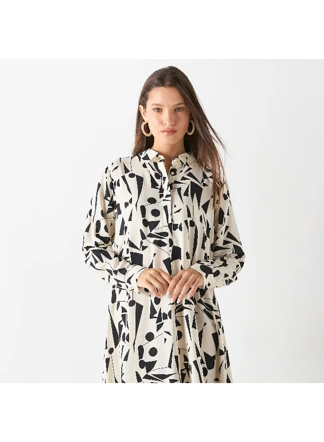 Iconic Iconic All-Over Print Maxi Dress with Collar and Long Sleeves