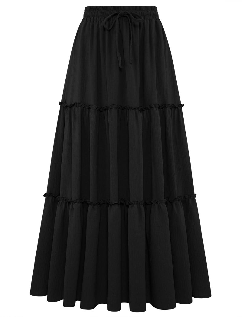 Arolina Womens Plus Size Black Skirts Casual Summer Beach Long Skirts Trendy Flowy High Waist Maxi Skirts for Travel XXL - Image 1