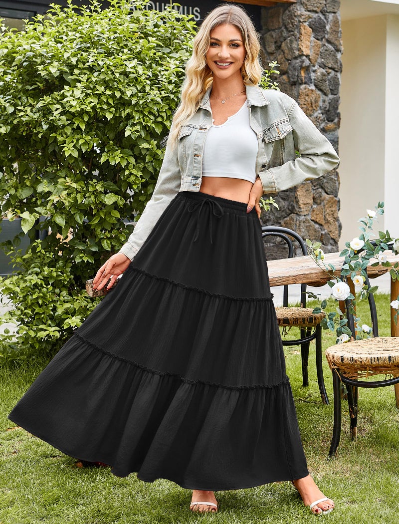 Arolina Womens Plus Size Black Skirts Casual Summer Beach Long Skirts Trendy Flowy High Waist Maxi Skirts for Travel XXL - Image 3