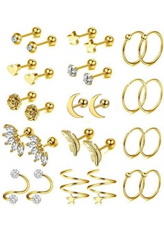 Generic 18Pairs Surgical Steel Flat Back Earrings Hoop Cartilage Earrings Set Hypoallergenic Star Stud Earrings Helix Piercing Jewellery  - Image 1