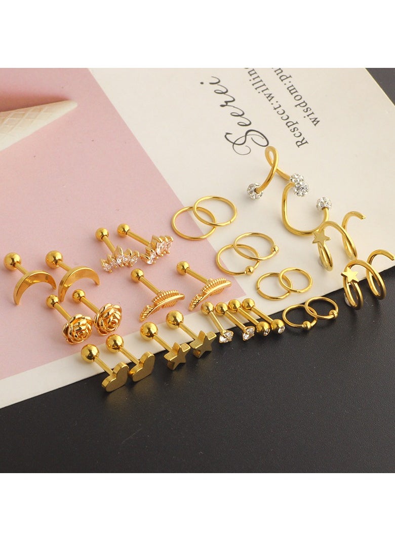 Generic 18Pairs Surgical Steel Flat Back Earrings Hoop Cartilage Earrings Set Hypoallergenic Star Stud Earrings Helix Piercing Jewellery  - Image 4