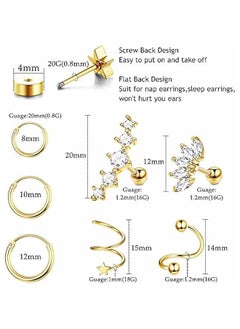 Generic 18Pairs Surgical Steel Flat Back Earrings Hoop Cartilage Earrings Set Hypoallergenic Star Stud Earrings Helix Piercing Jewellery  - Image 2