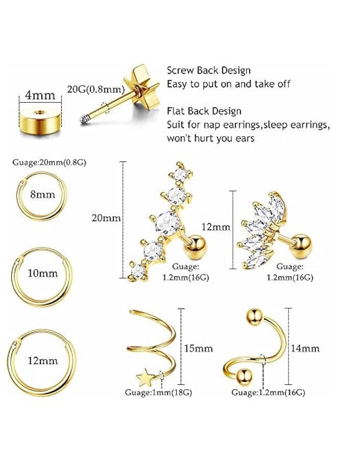 Generic 18Pairs Surgical Steel Flat Back Earrings Hoop Cartilage Earrings Set Hypoallergenic Star Stud Earrings Helix Piercing Jewellery  - Image 2