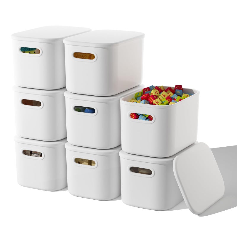 ORGIDOL 8 Pack White Storage Bins with Lids Stackable Storage Container for Organizing, Storage Boxes with Handle for Shelves, Cute Storage Bin for Craft, Snacks, 9.85x6.9x5.7 inch - Image 1