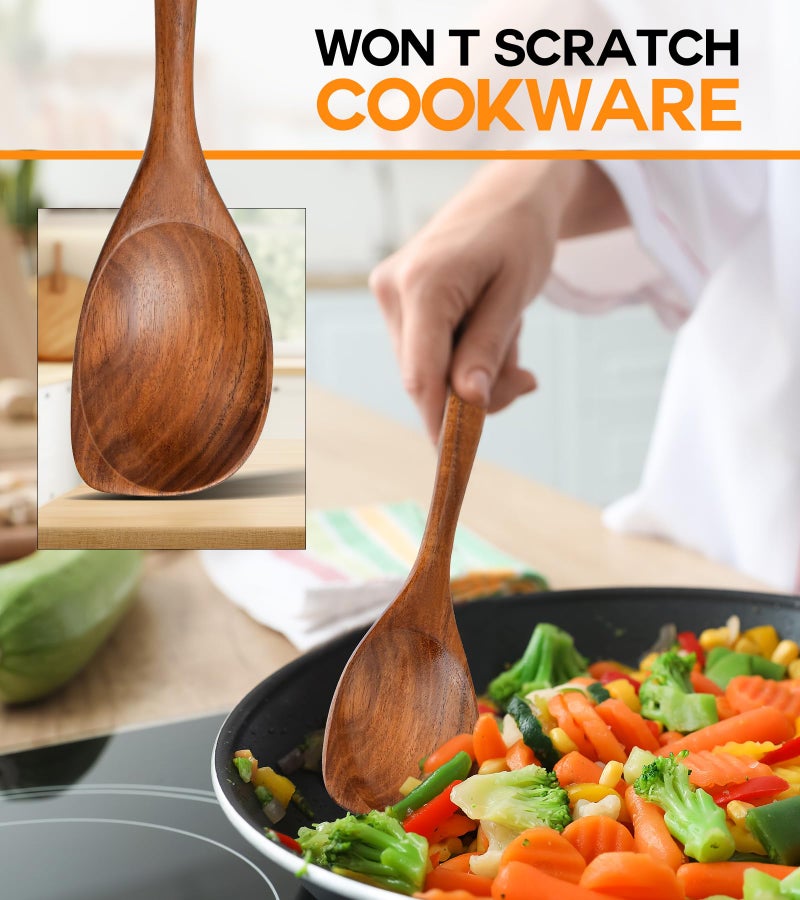 ICSTI Wooden Spoons for Cooking, Natural Premium Teak Wood Corner Spoon, Good Grip Large Wooden Spoons and Wooden Spatula, Heat Resistant Wooden Cooking Utensils for Nonstick Cookware Cooking Gifts - Image 4