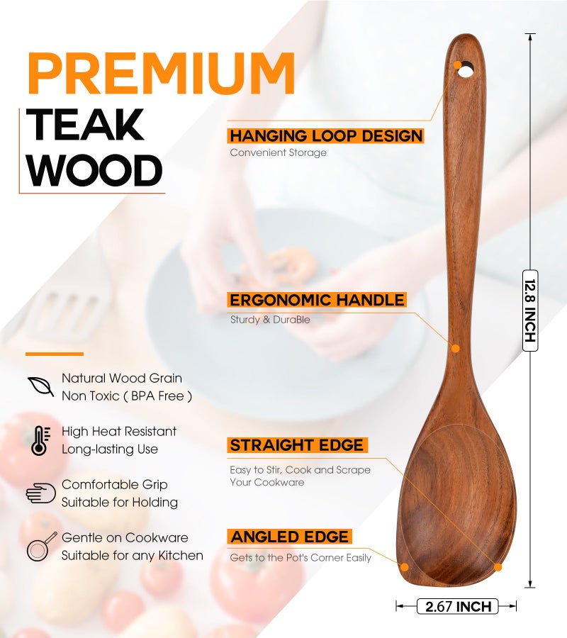 ICSTI Wooden Spoons for Cooking, Natural Premium Teak Wood Corner Spoon, Good Grip Large Wooden Spoons and Wooden Spatula, Heat Resistant Wooden Cooking Utensils for Nonstick Cookware Cooking Gifts - Image 2