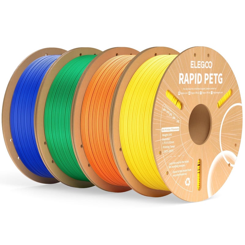 ELEGOO Rapid PETG Filament 1.75mm Bundle 4KG, High Speed 30-600mm/s 3D Printer Filament Accuracy +/- 0.02 mm, 1kg Cardboard Spool(2.2lbs) Fits for Most FDM 3D Printers(Blue,Green,Orange,Yellow) - Image 1