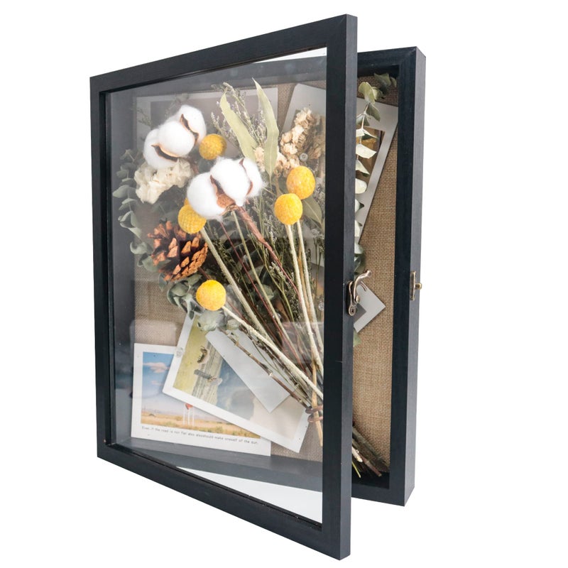 GraduationMall 11x14 Wood Shadow Box Frame Glass Door Display Case with Linen Back and 6 Stick Pins15 inches Interior DepthIdeal for Memorabilia Pictures Flowers Medals Tickets Rustic Black