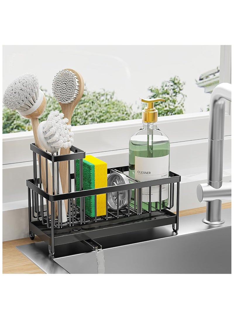 Sponge Holder for Kitchen Sink, Sink Caddy with High Brush Holder, Organzier Rustproof 304 Stainless Steel Dish Organizer Divider, Soap Dispenser Storage - Image 1