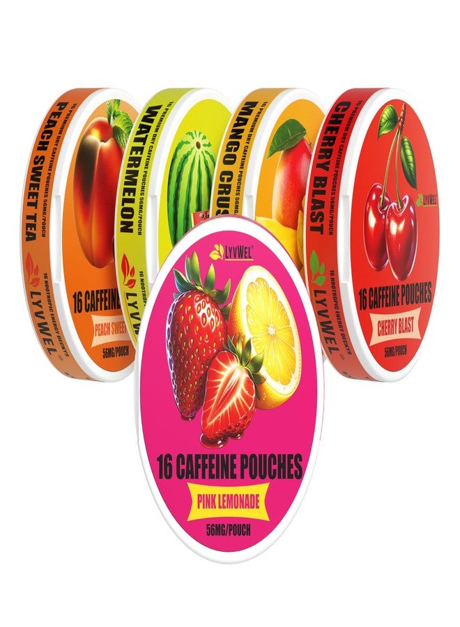 LyvWel 56mg Caffeine Energy Pouches – Multi (Peach, Watermelon, Pink Lemonade, Mango, Cherry) – Clean Energy & Focus Boost with Guarana – 5-Pack with 16 Pouches Per Can (80 Total) - Image 1