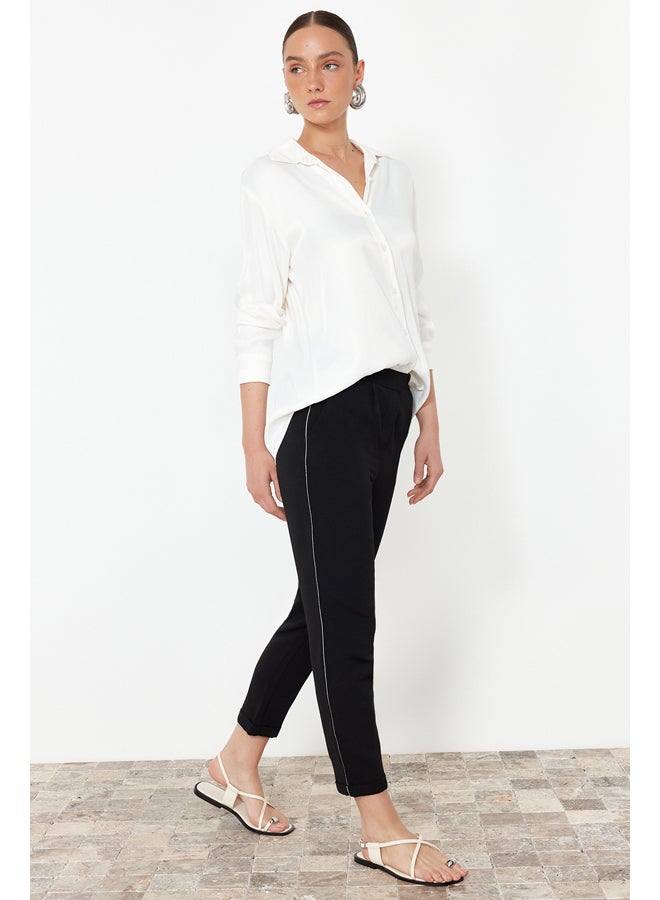 trendyol Black Elastic Waist Linen Look Glitter Striped Woven Trousers TWOSS24PL00149 - Image 1