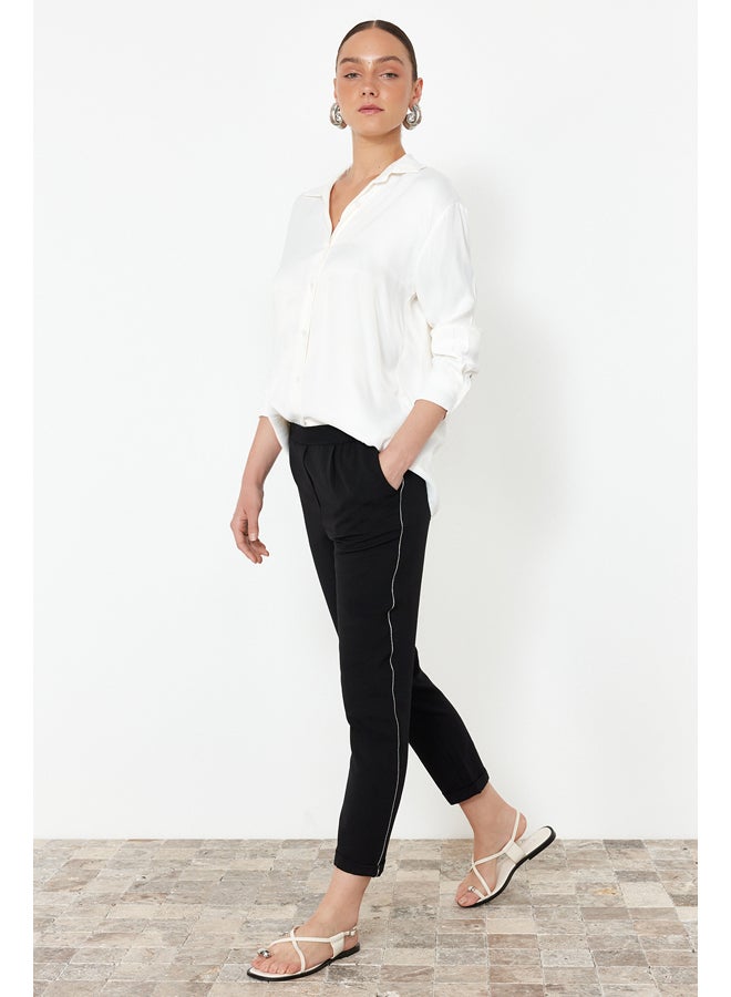 trendyol Black Elastic Waist Linen Look Glitter Striped Woven Trousers TWOSS24PL00149 - Image 3