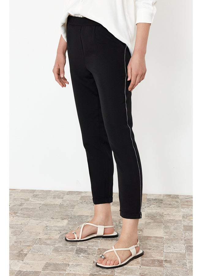 trendyol Black Elastic Waist Linen Look Glitter Striped Woven Trousers TWOSS24PL00149 - Image 5