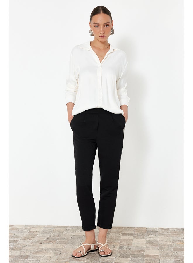 trendyol Black Elastic Waist Linen Look Glitter Striped Woven Trousers TWOSS24PL00149 - Image 2