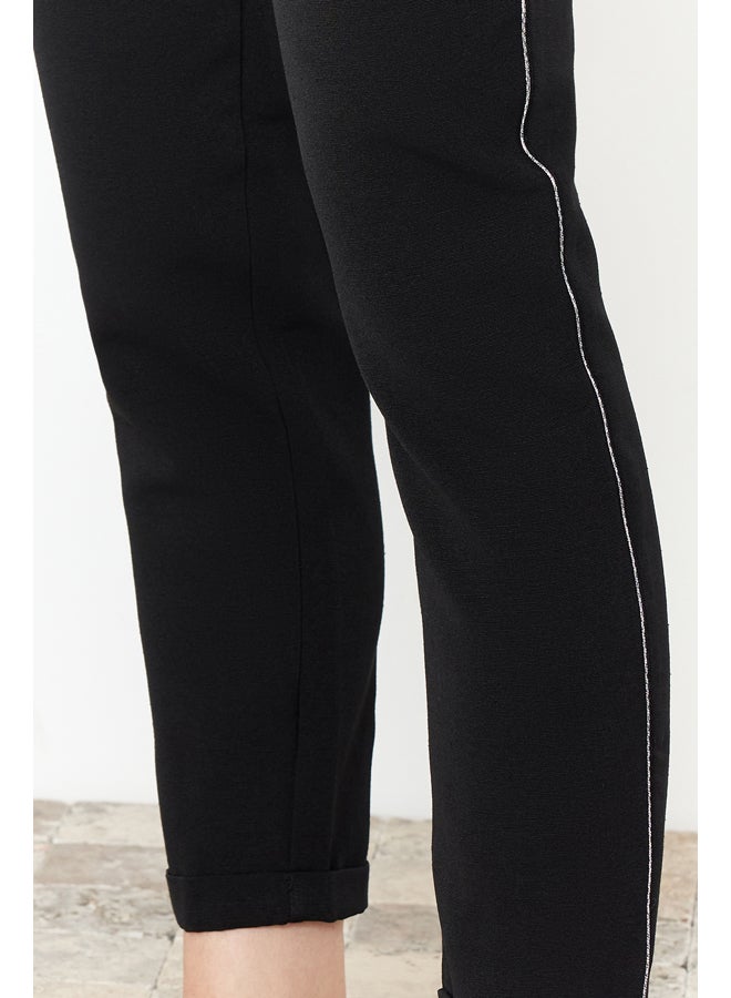trendyol Black Elastic Waist Linen Look Glitter Striped Woven Trousers TWOSS24PL00149 - Image 4