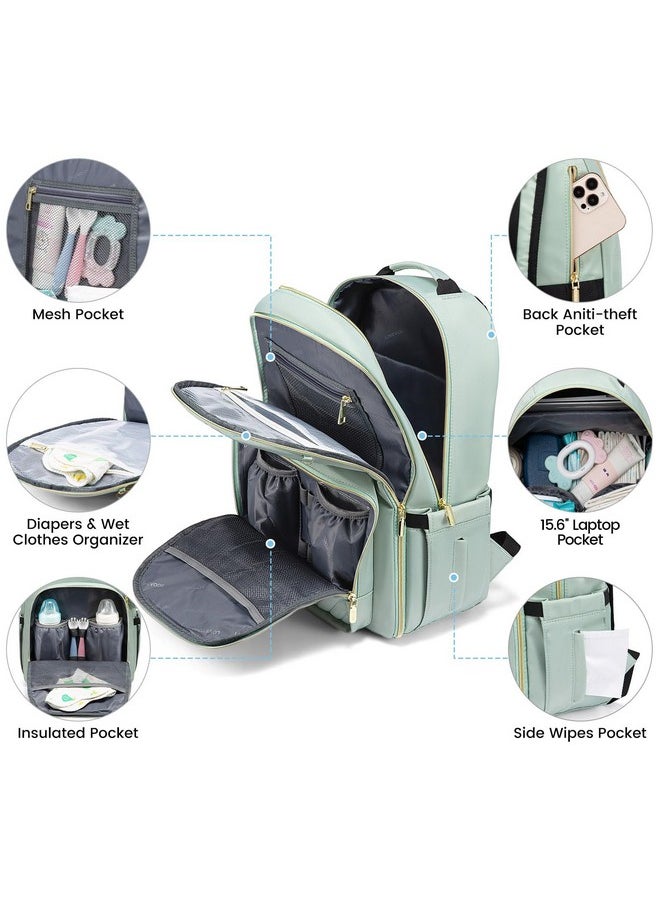 Lovevook - Diaper Bag Backpack, Quilted Baby Bag With Changing Pad & Pacifier Holder, Waterproof Travel Diaper Bags With Usb Charging Port For Baby Boys Girls, Stylish And Large Capacity, Mint Green - Image 1
