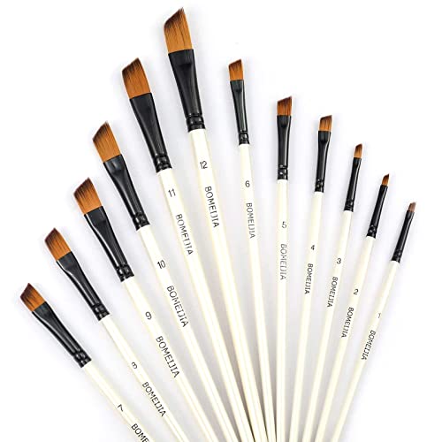 GETHPEN Angular Paint Brushes Nylon Hair Angled Watercolor Pait Brush Set for Acrylics Watercolors Gouache Inks Oil and Tempera12pcs Pearl White Angled Paintbrush Set