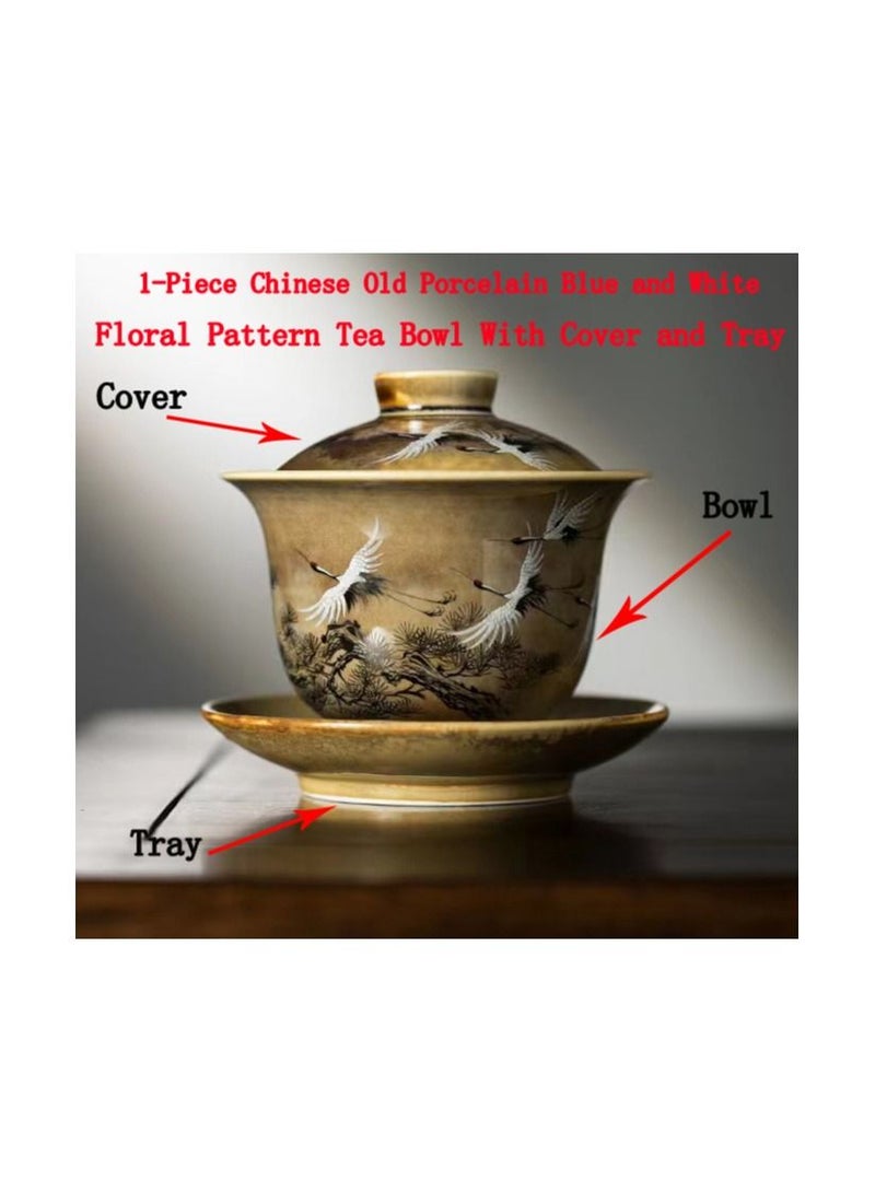 1-Piece Chinese Old Porcelain Blue and White Bowl Tea Set,Chinese Tea Bowl with Cover and Tray,Chinese Traditional Handicraft Ceramic Tea Set - Image 1