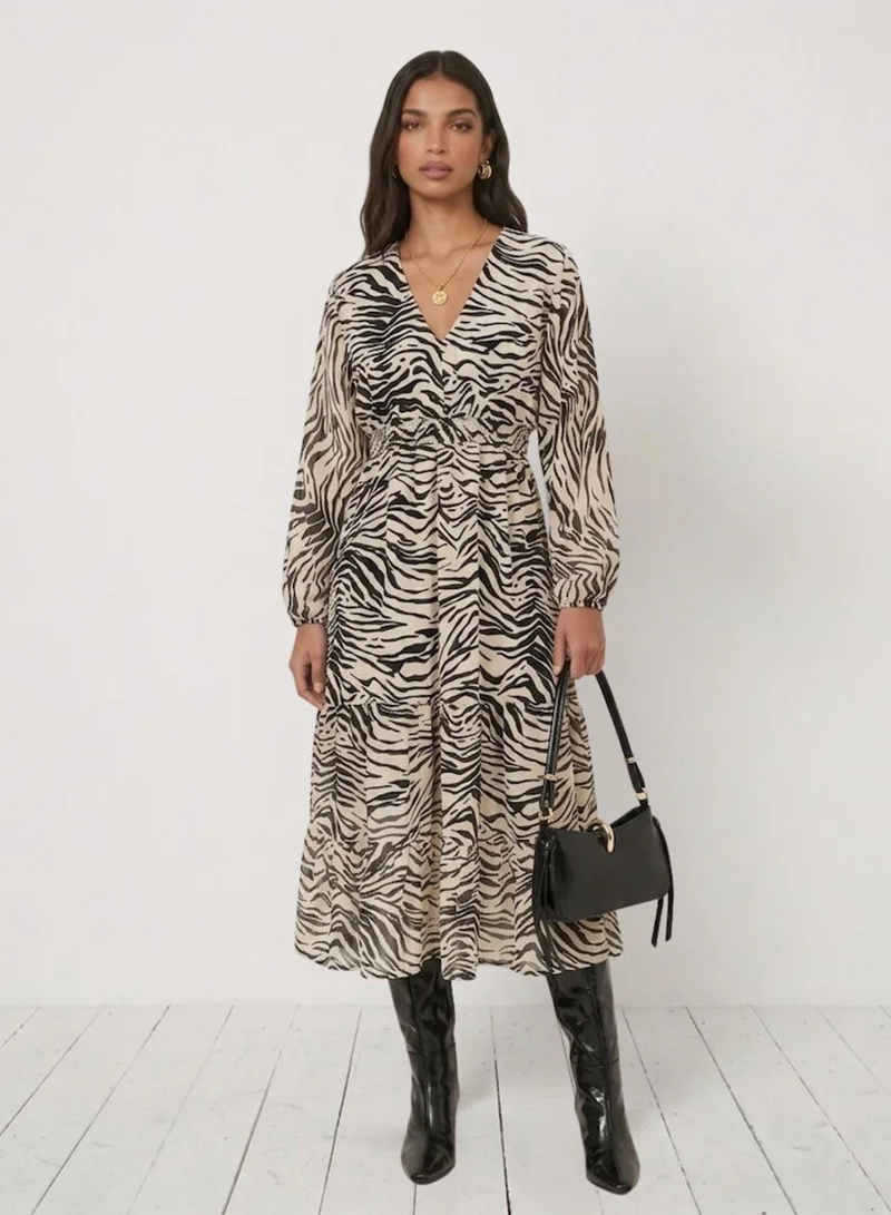 Needs No Label Mono Animal Tiered Chiffon Midi Dress