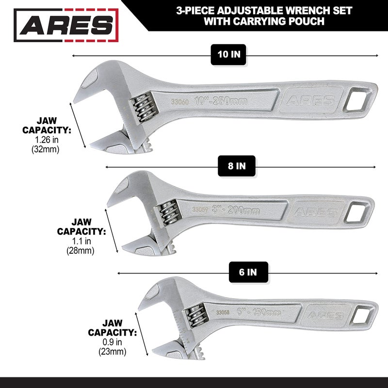 ARES 33062 â€“ 3-Piece Adjustable Wrench Set â€“ 6-Inch, 8-Inch, and 10-Inch Wrenches with Carrying Pouch - Drop Forged Chrome Vanadium Steel Construction â€“ Wide Jaw Designs â€“ SAE and Metric Size Markings - Image 2
