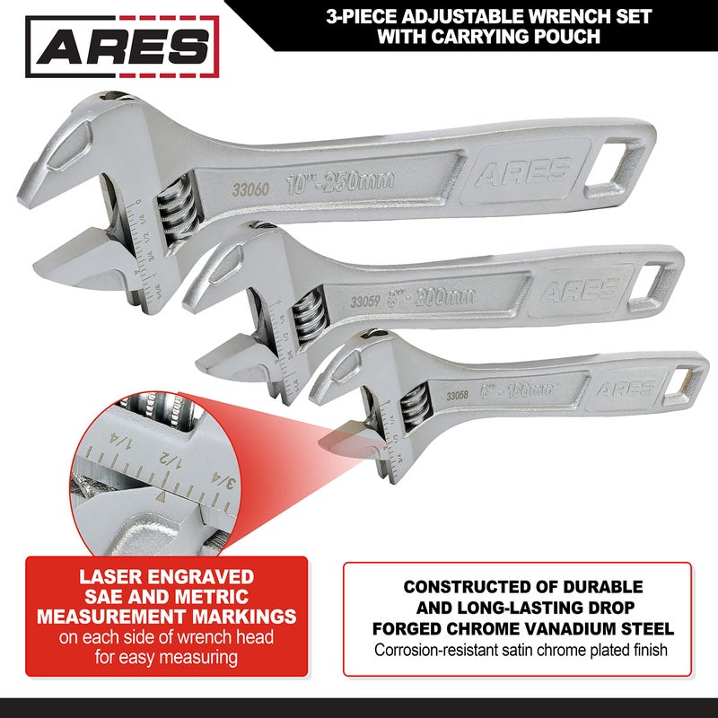 ARES 33062 â€“ 3-Piece Adjustable Wrench Set â€“ 6-Inch, 8-Inch, and 10-Inch Wrenches with Carrying Pouch - Drop Forged Chrome Vanadium Steel Construction â€“ Wide Jaw Designs â€“ SAE and Metric Size Markings - Image 3