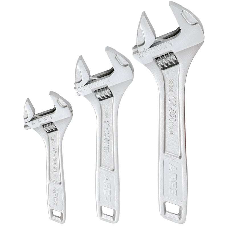 ARES 33062 â€“ 3-Piece Adjustable Wrench Set â€“ 6-Inch, 8-Inch, and 10-Inch Wrenches with Carrying Pouch - Drop Forged Chrome Vanadium Steel Construction â€“ Wide Jaw Designs â€“ SAE and Metric Size Markings - Image 1