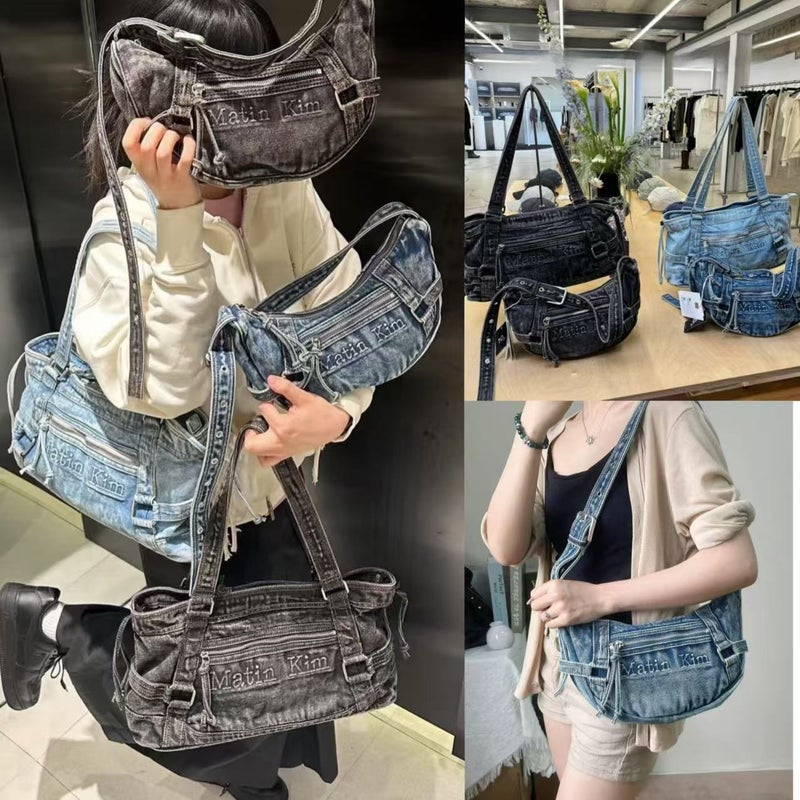 Matin Kim Washed Crescent Denim Tote Bag with Embroidered Letters - Image 1