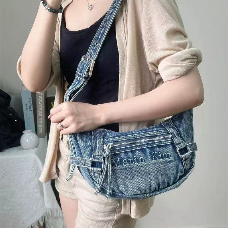 Matin Kim Washed Crescent Denim Tote Bag with Embroidered Letters - Image 3