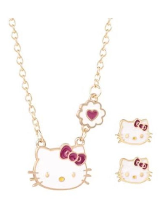 Hello Kitty Jewelry Set: Gold-Tone Necklace & Earrings with Magenta Bow Accents